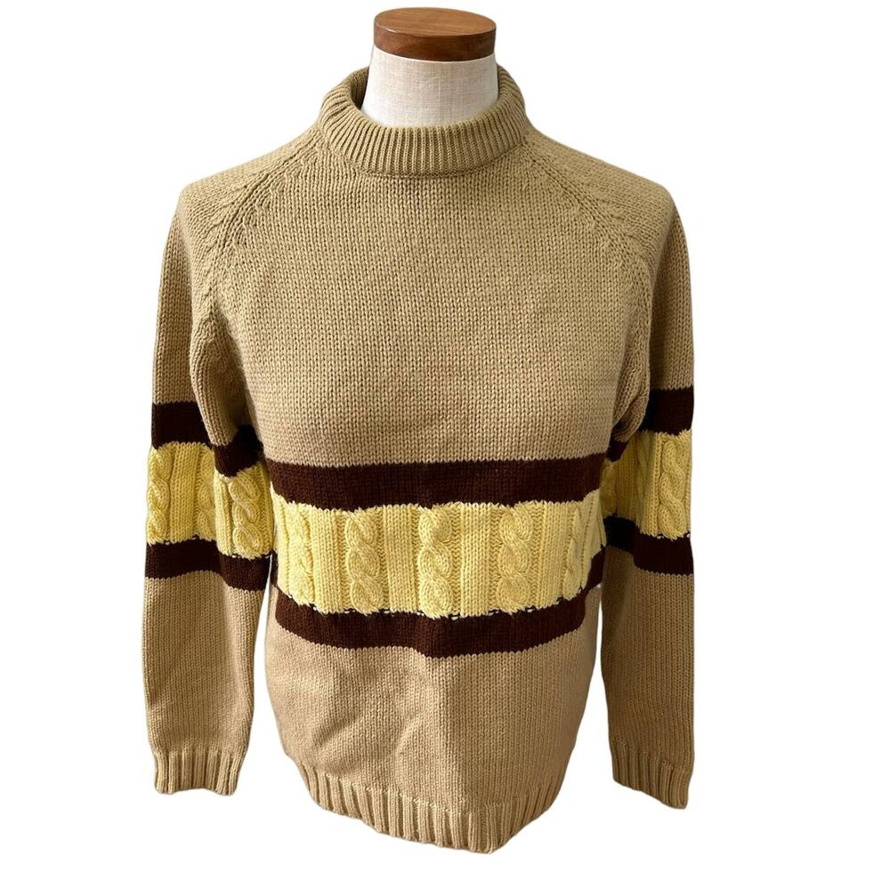 Vintage 70s cable knit sweater beige and yellow L